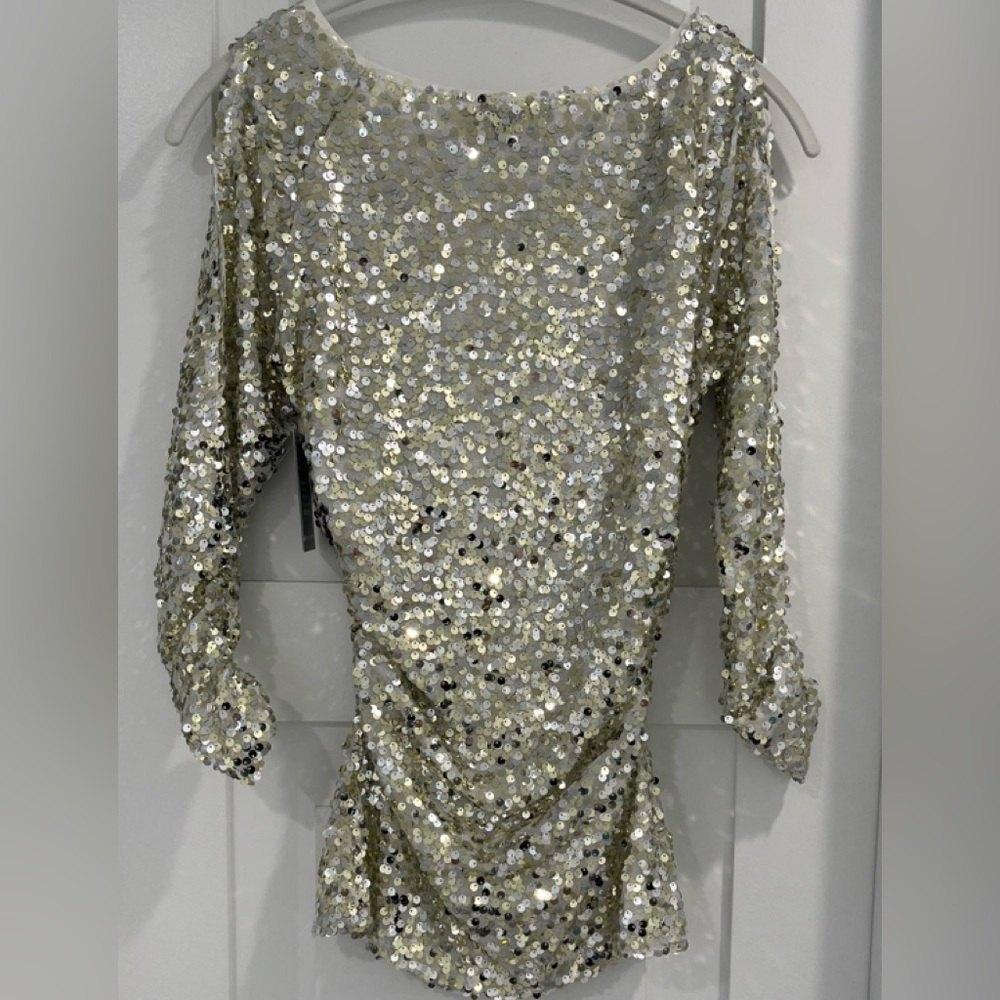 Sparkling Gold and Silver Sequin Cold Shoulder Top, Size XXS, NWT - Picture 2 of 6